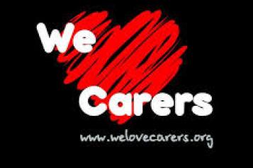 black background with the we love carers logo