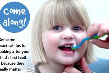 Come along! Picture of a young girl having her teeth brushed.