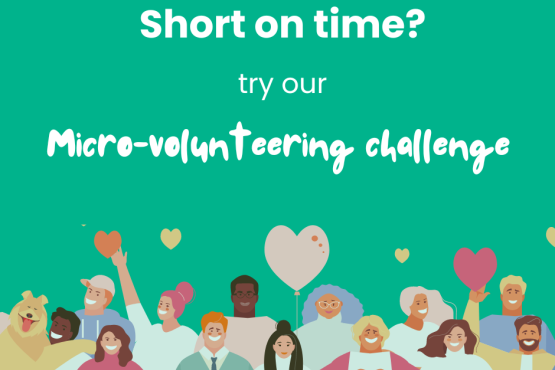 Teal background with white text "short on time? try our micro-volunteering challenge" a cartoon of a group of people with love hearts.