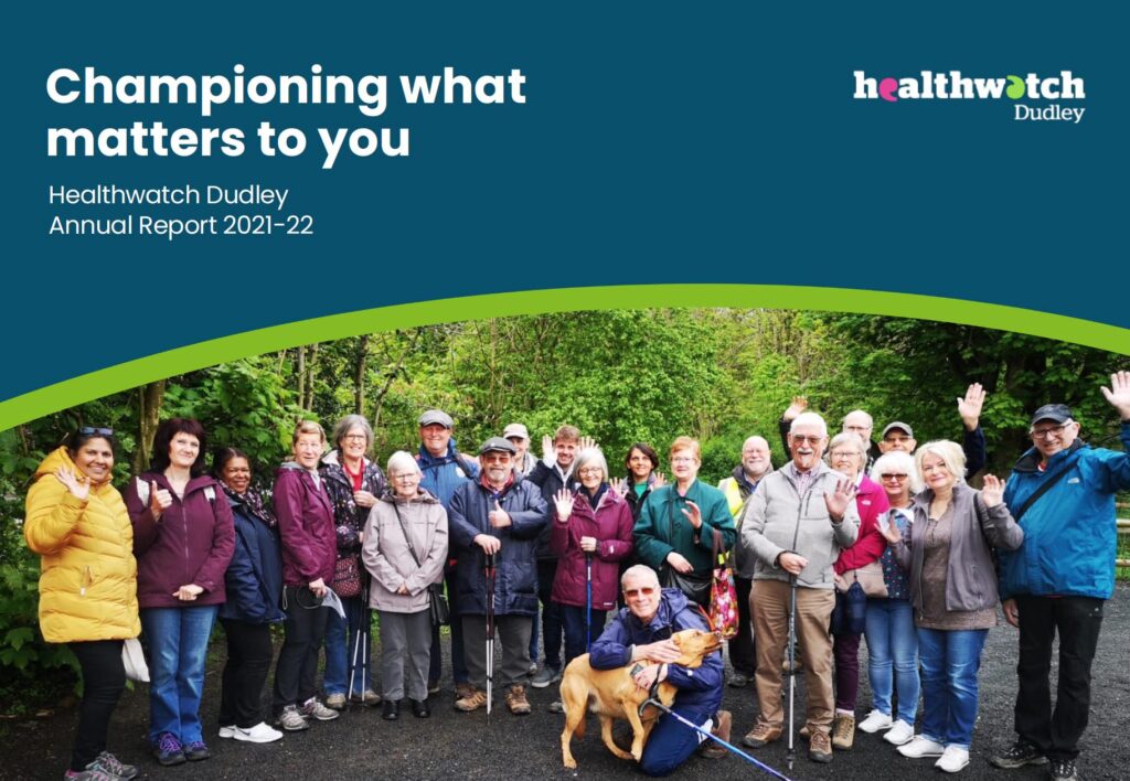 Annual report cover featuring Dudley Deaf Focus Group members with the title 'Championing What Matters to You'